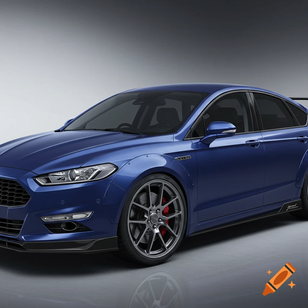 A photorealistic blue Ford Mondeo MK4.5 with a wide-body DTM style bodykit, parked in a studio.