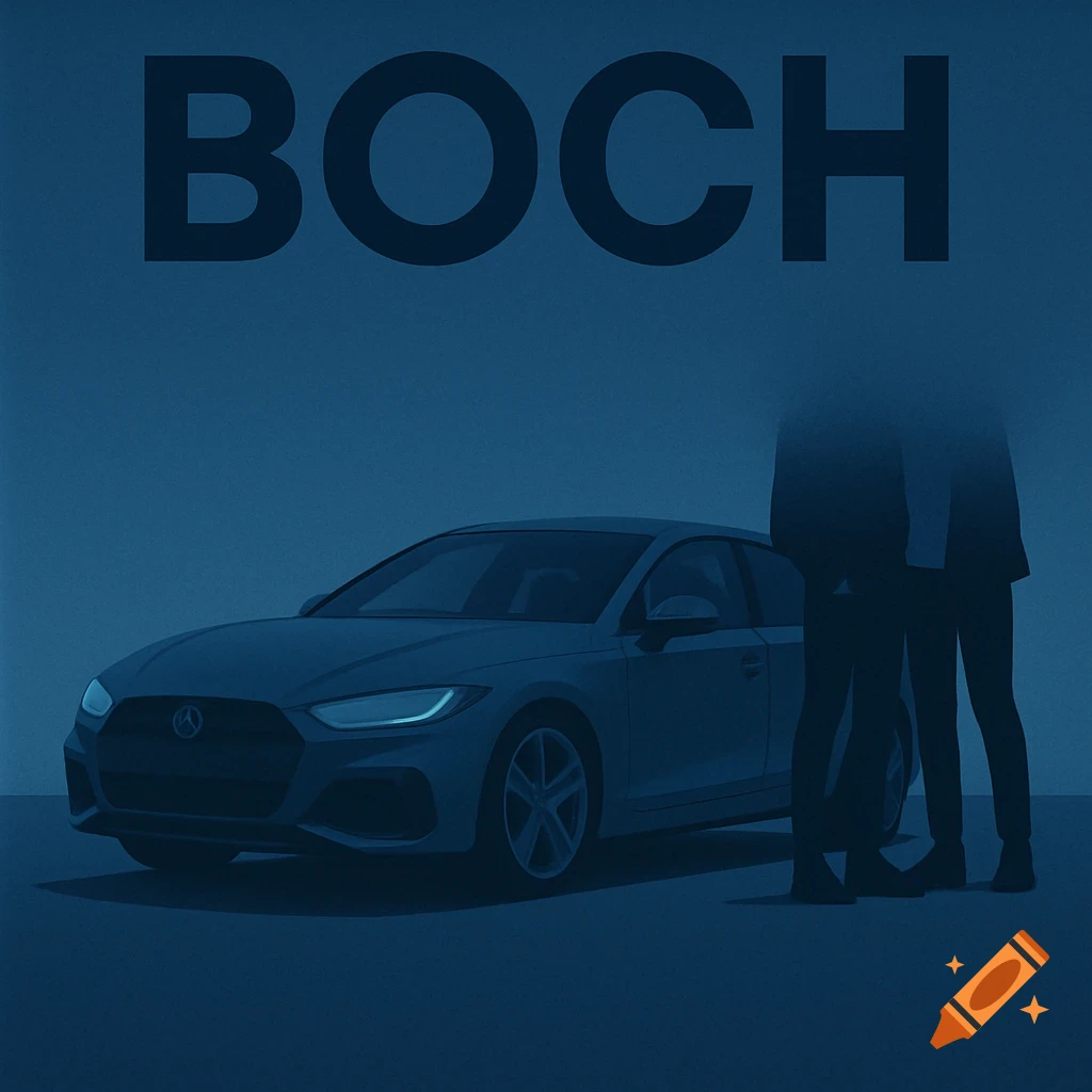 Minimalist blue digital art album cover with 'BOCH' at the top, a modern car, and the legs of two people.