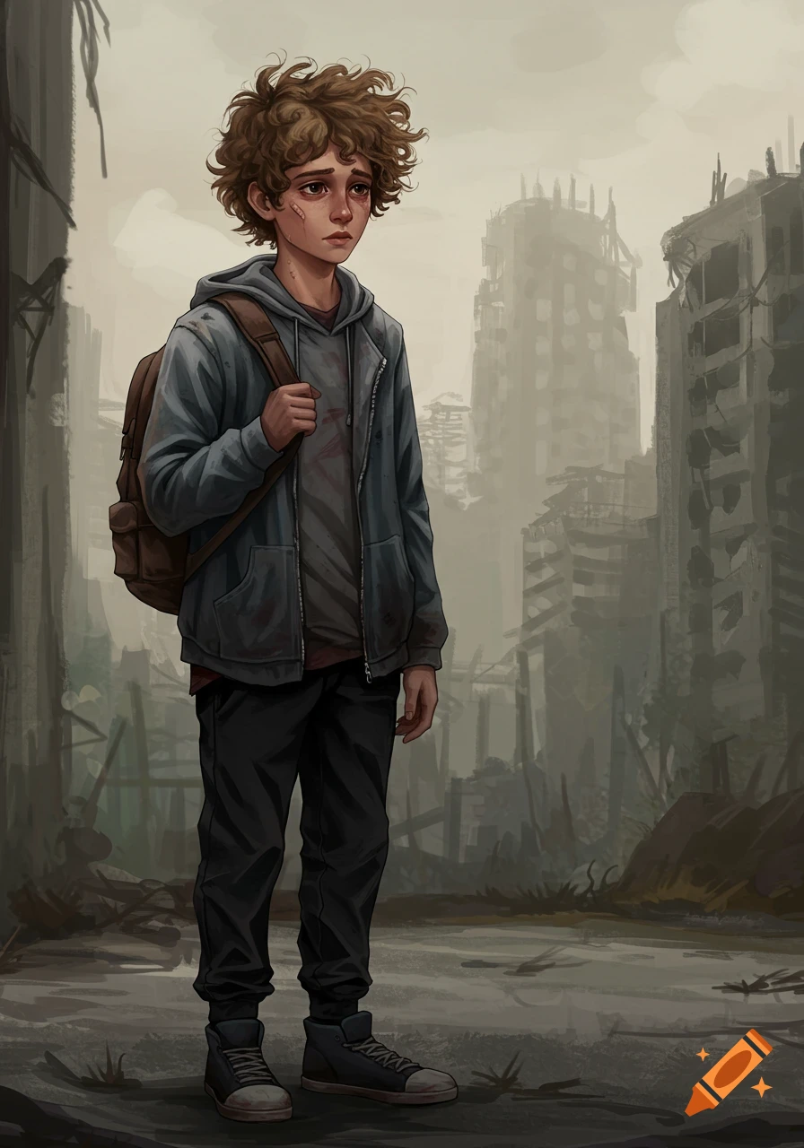 A sad, slender boy with curly brown hair and a bandaged arm stands in a desolate, destroyed post-apocalyptic city.