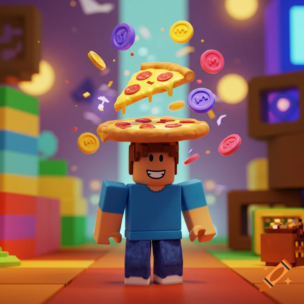 A Roblox-style character with a pizza on its head, surrounded by floating pizza slices and colorful coins in a vibrant, blocky world.