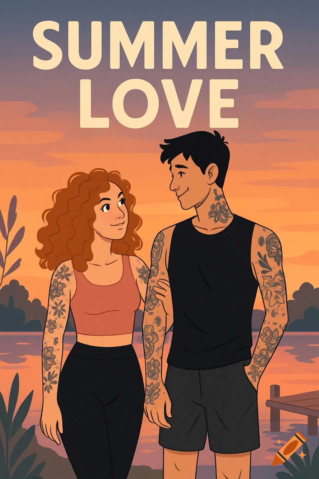 Modern flat art illustration of a tattooed couple, smiling by a lake at sunset, with 'SUMMER LOVE' text above.