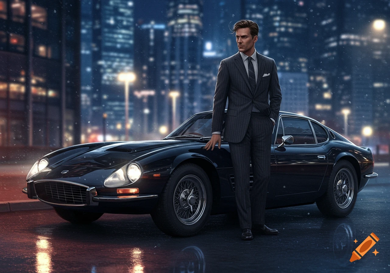 A man in a pinstripe suit stands next to a black classic sports car on a wet city street at night, city lights blurred in the background.