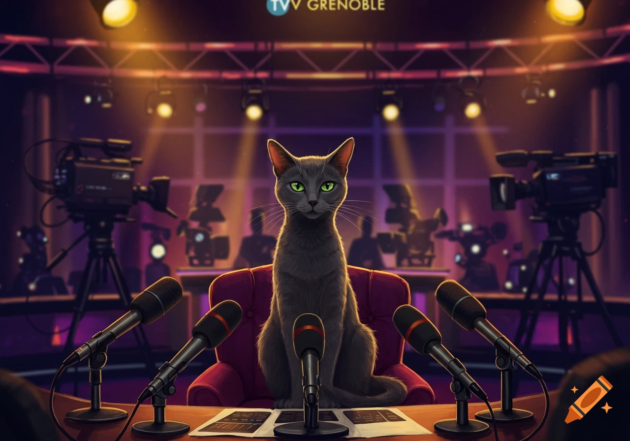 A grey cat with green eyes sits at a news desk with microphones, facing cameras in a television studio. It looks like an illustration.