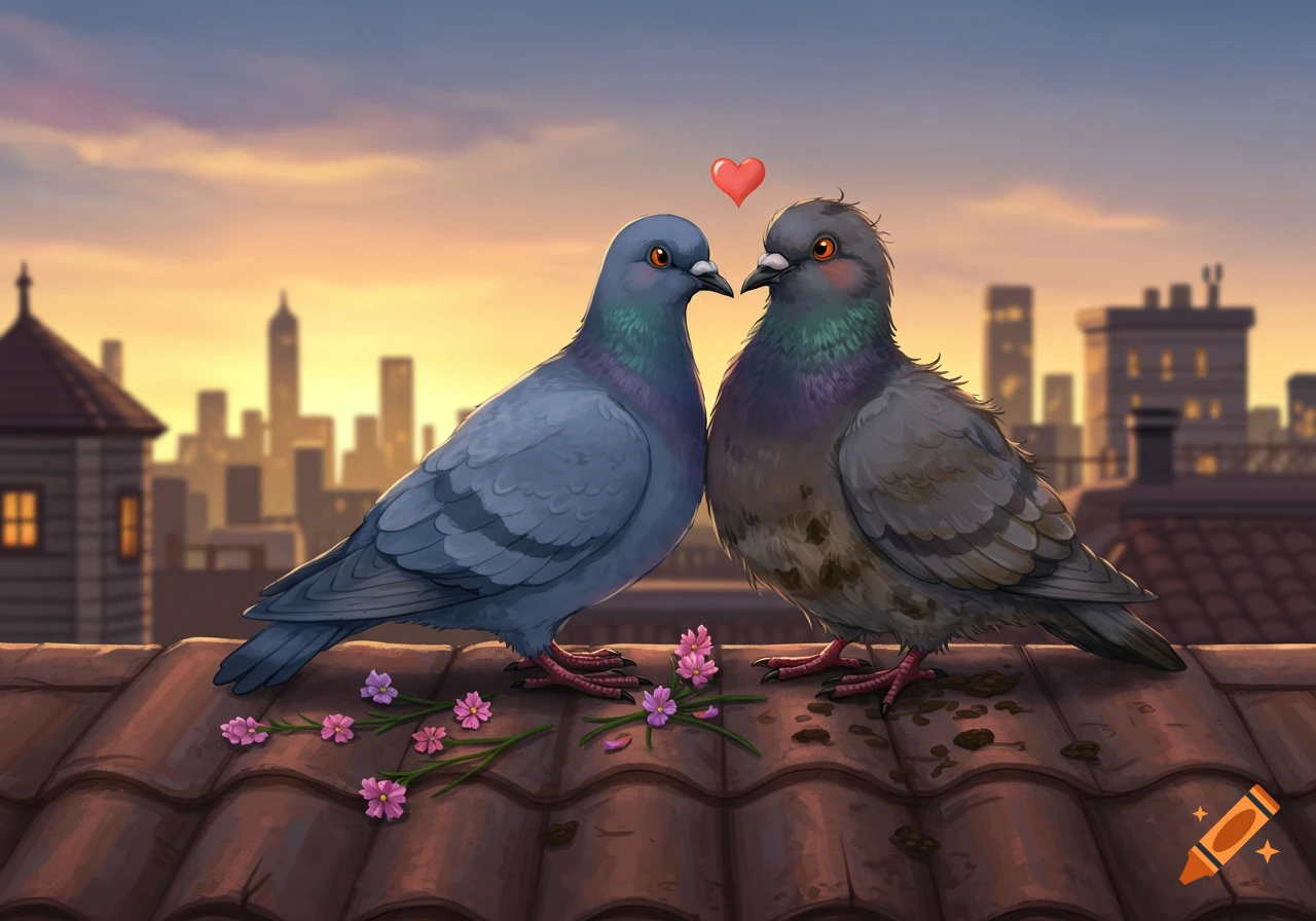 Two cartoon pigeons with a red heart above them, on a tiled rooftop with pink flowers and a cityscape at sunset, illustration style.