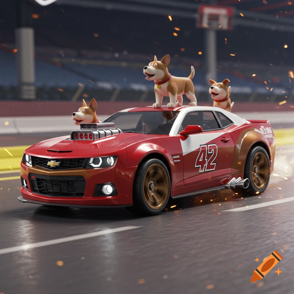 Cartoon dogs on a red and white race car with the number 42 on a track with sparks, in a Roblox-like style.