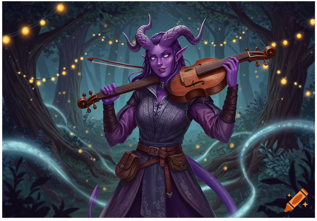 Purple female tiefling bard with horns and a tail holds a violin in an enchanted forest with string lights. Digital art.