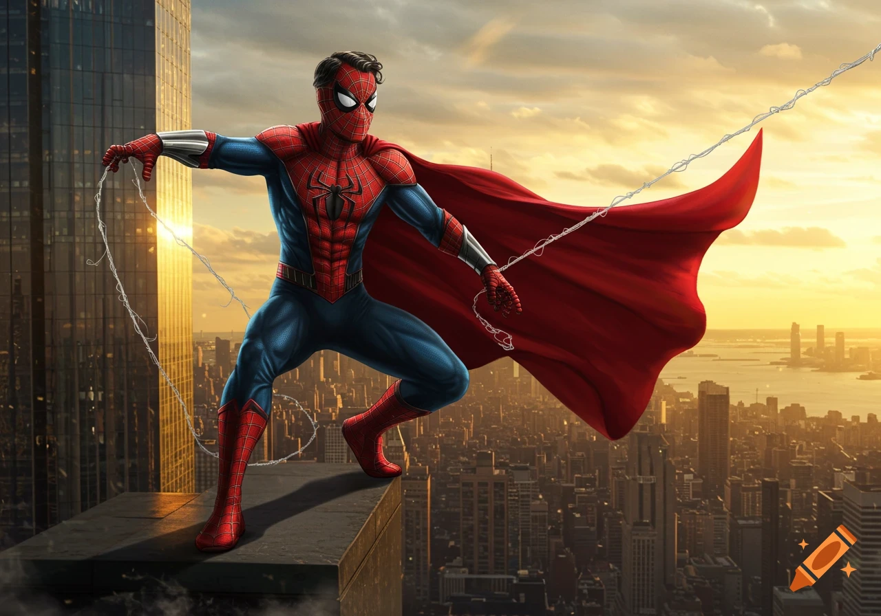 A combined Spider-Man and Superman hero in a red and blue suit with a cape stands on a city rooftop at sunset.