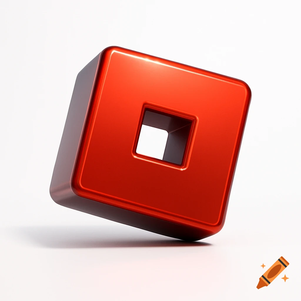 A glossy, metallic red square logo with a smaller square cutout in the center, tilted on a white background.