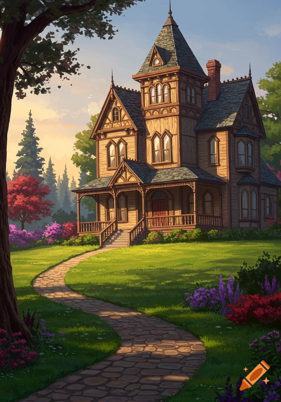 A colorful illustration of a grand Victorian house with a winding stone path, green lawn, and vibrant flowers under a soft sky.