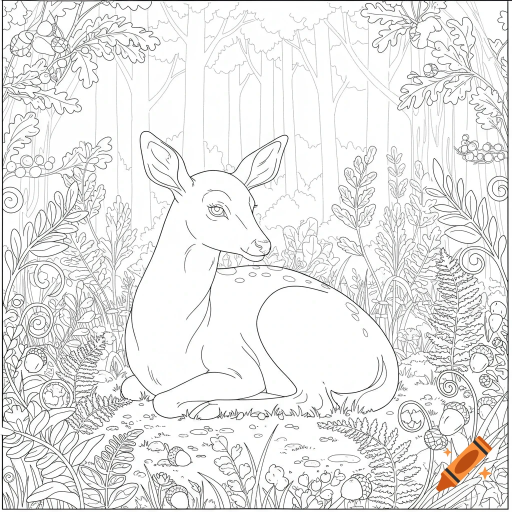 Outline drawing of a fawn lying in a forest with ferns and acorns, ready for coloring.