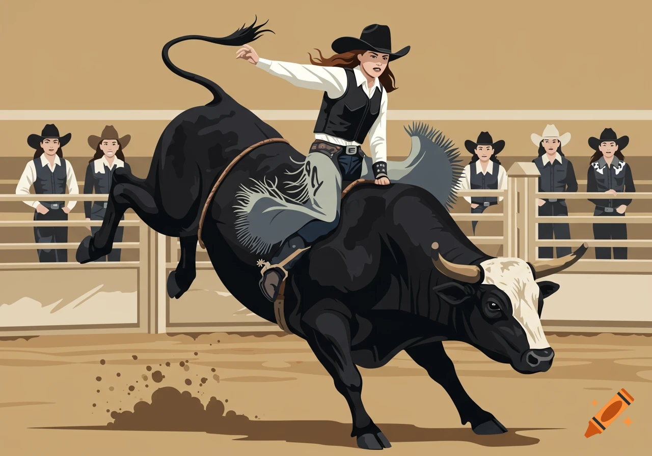 A determined cowgirl in a black hat, vest, and chaps rides a bucking black bull in a rodeo arena, with other cowgirls watching from the fence.