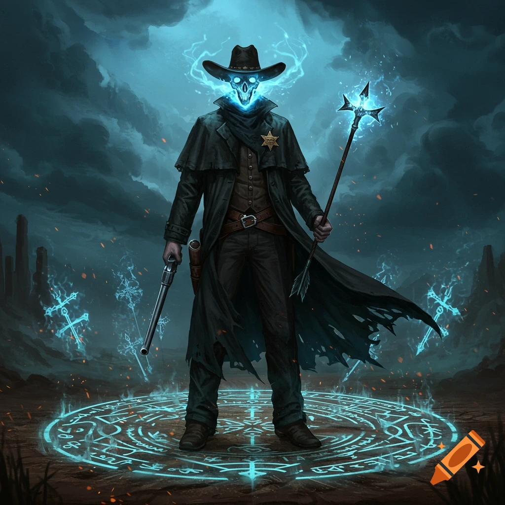 A glowing blue skull-faced cowboy in a duster coat and hat stands on a magic sigil, holding a pistol and a staff, under a stormy sky.
