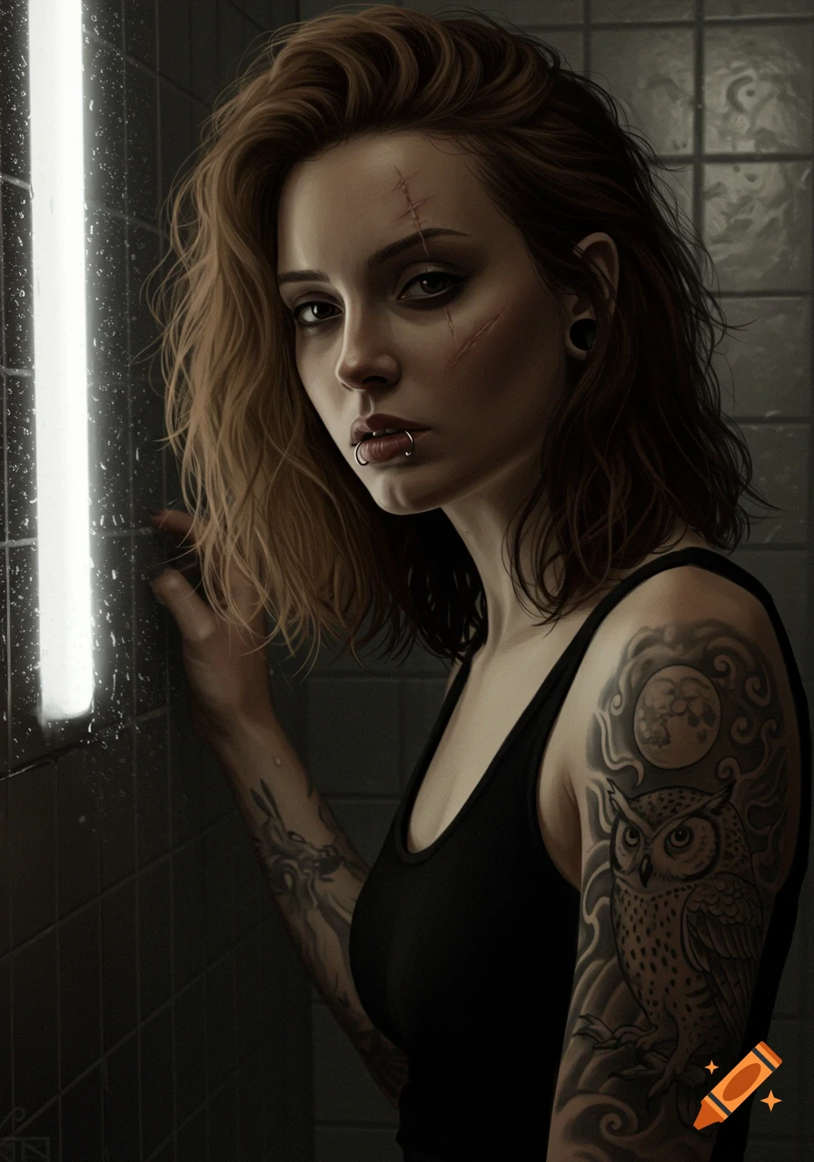 A stylized portrait of a woman with messy brown hair, facial scars, a lip ring, and an owl tattoo on her arm, looking intently.