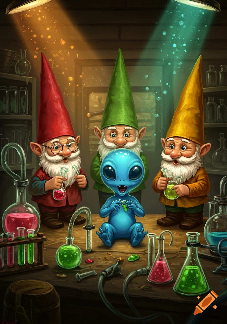 Three cartoon gnomes in a dimly lit chemistry lab with beakers and flasks, observing a small blue alien holding a test tube.