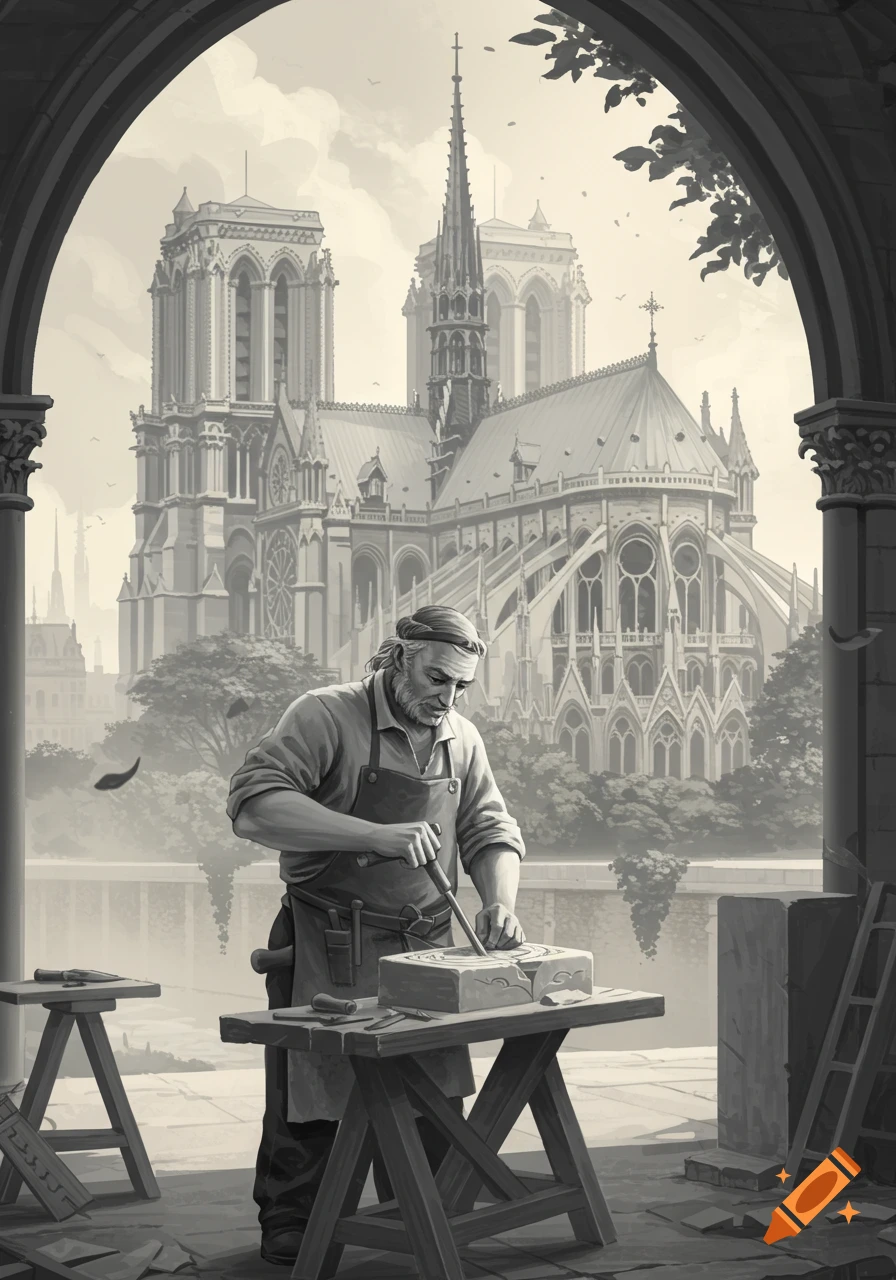 Black and white illustration of a stonemason carving stone in the foreground, with Notre Dame Cathedral in the background.