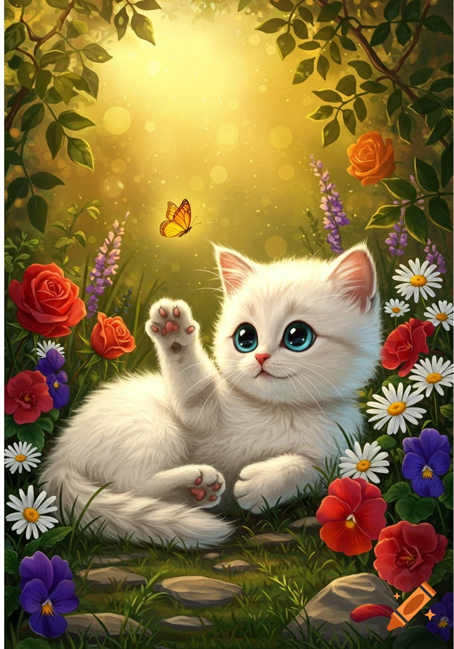 A fluffy white kitten with big blue eyes and raised paw looks at a butterfly in a magical, sunlit garden with colorful flowers.