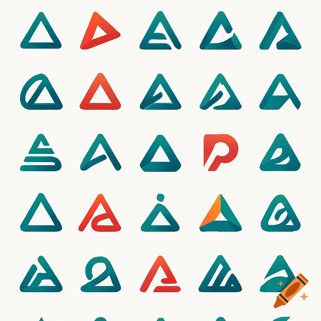 A grid of abstract triangular logos in teal and orange on a white background.