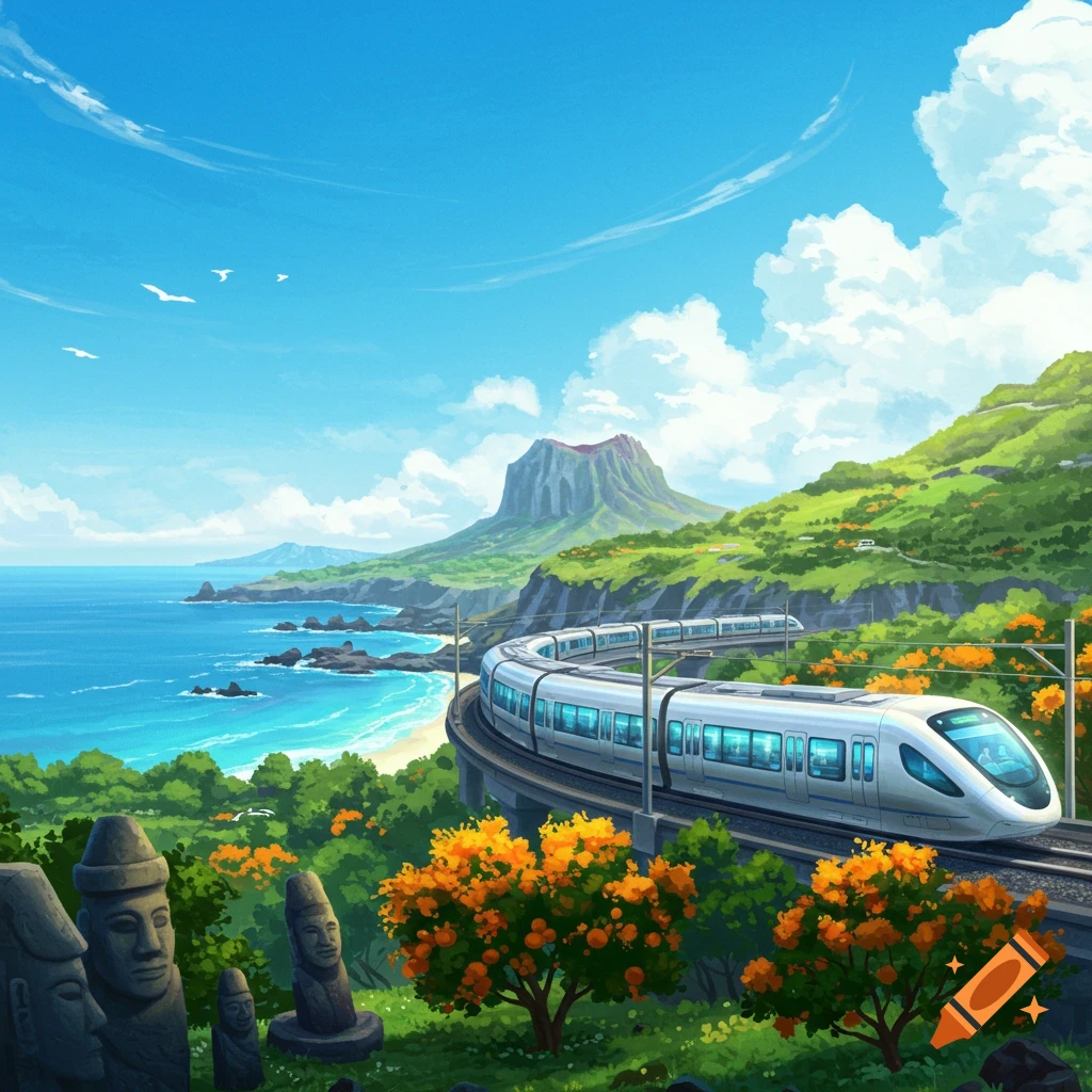 Anime illustration of a high-speed train on a coastal track with a volcano, ocean, and traditional statues under a blue sky.