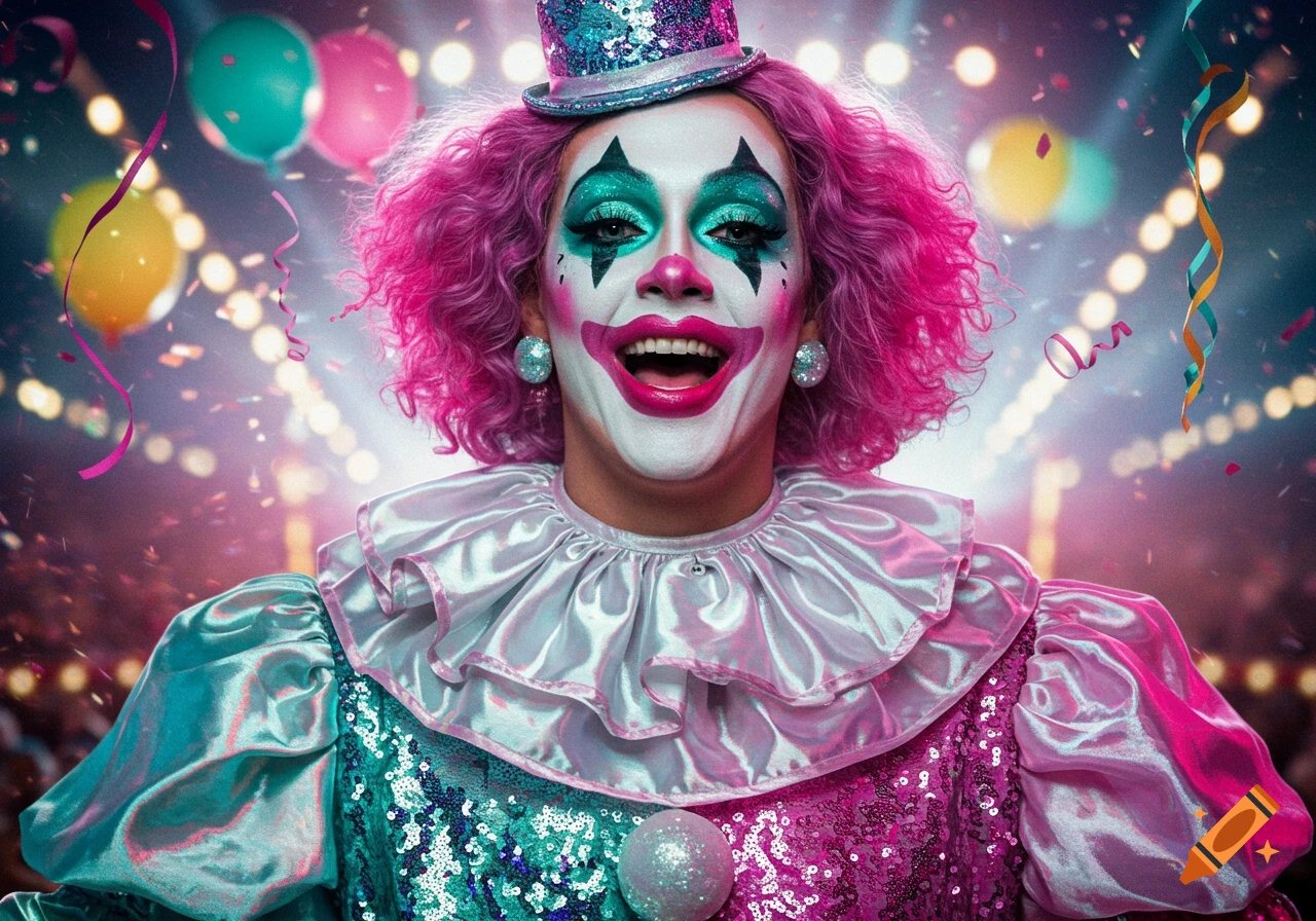 A smiling clown with pink curly hair, colorful makeup, and a sequined costume, wearing a tiny top hat, stands amidst confetti and balloons in a festive setting.