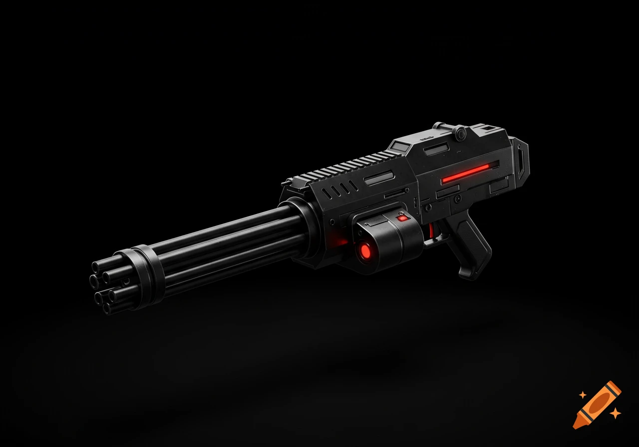 A sleek, jet-black futuristic minigun with red glowing accents on a black background.