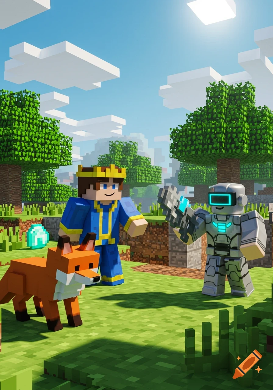 Minecraft-style image of a king character, a futuristic armored character, and a fox in a blocky landscape.