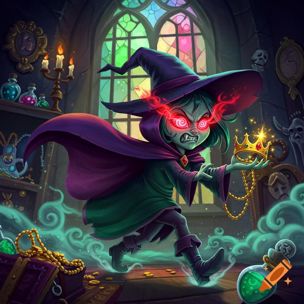 A cartoon angry witch with glowing red eyes and fangs steals a crown in a dark, magical room.