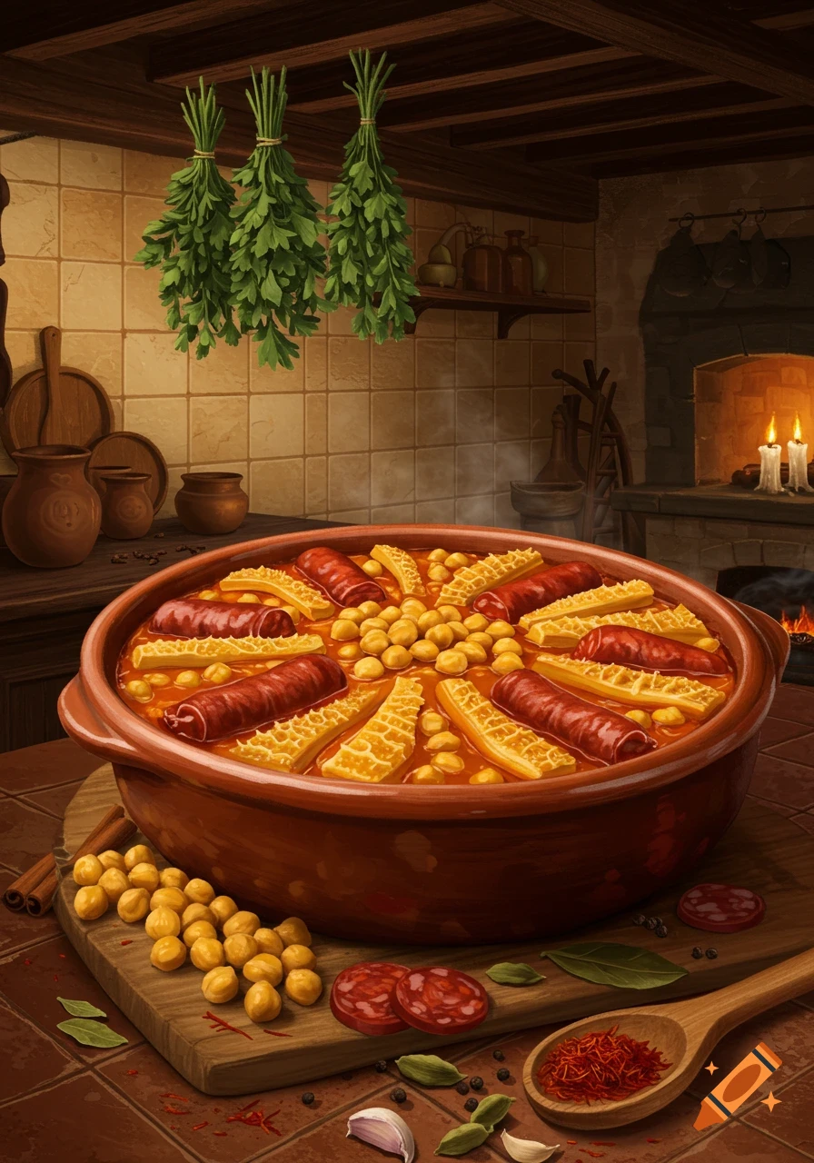 Painterly image of a hearty Portuguese tripe stew with chickpeas and sausage in a clay pot, surrounded by spices in a rustic kitchen.