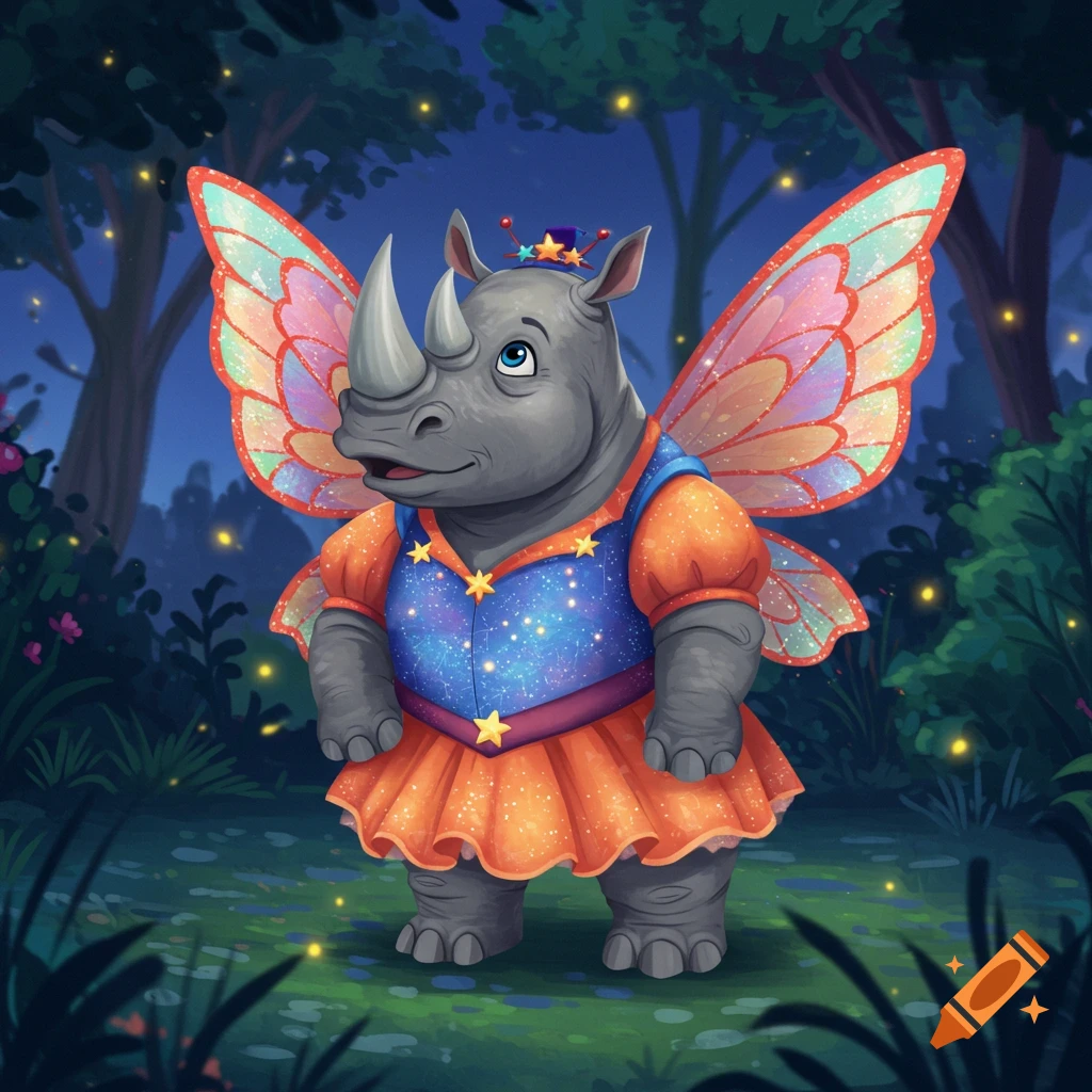 An illustrated rhinoceros dressed as a fairy in a sparkly blue and orange dress with colorful wings and a crown stands in a dark forest with glowing lights.