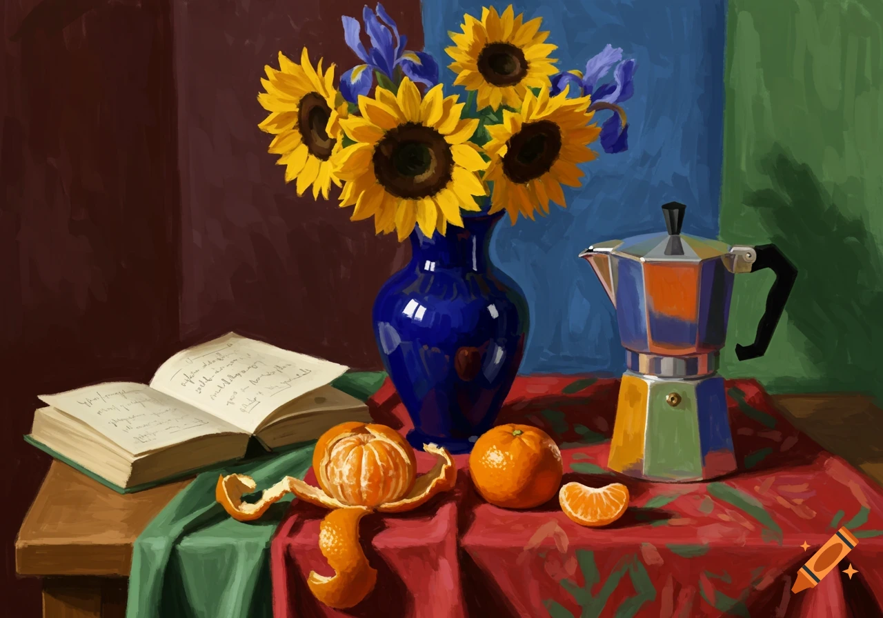 A colorful still life painting in Matisse style: sunflowers and irises in a blue vase, oranges, an open book, and a Moka pot.