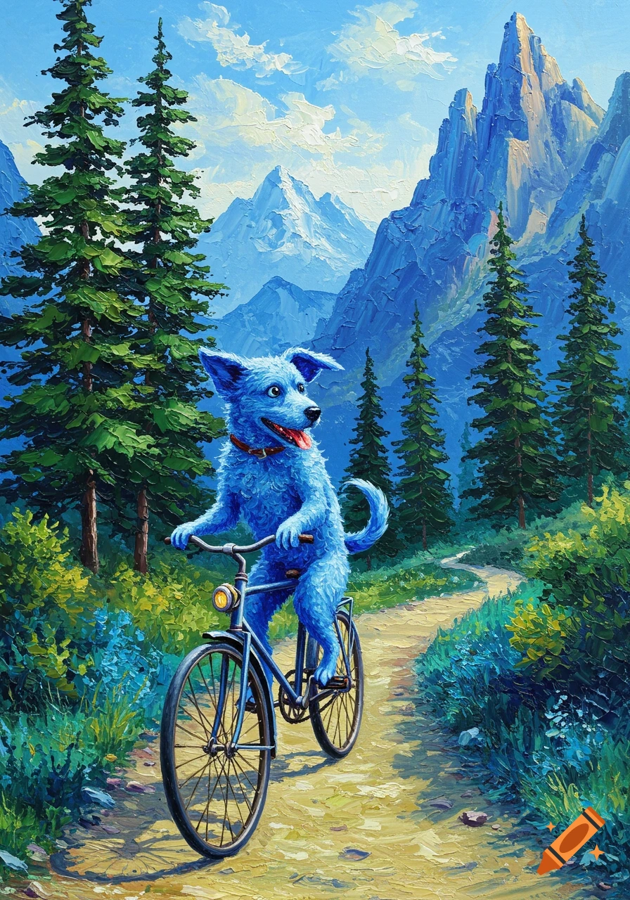 A cheerful blue dog rides a bicycle on a dirt path through a vibrant mountain landscape in an oil painting style.