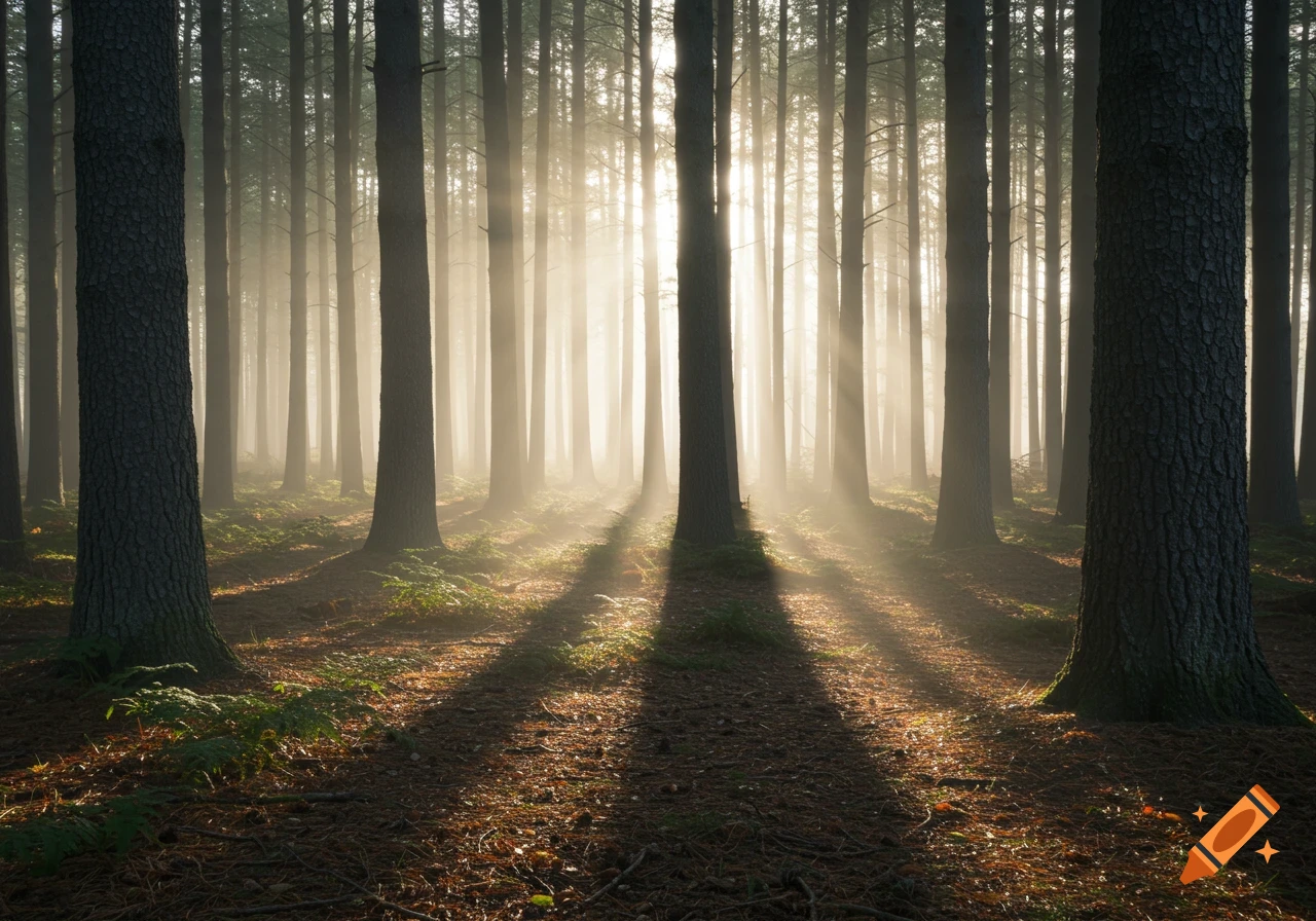 Sunlight streams through a misty forest of tall, slender trees, casting long shadows on the mossy ground.