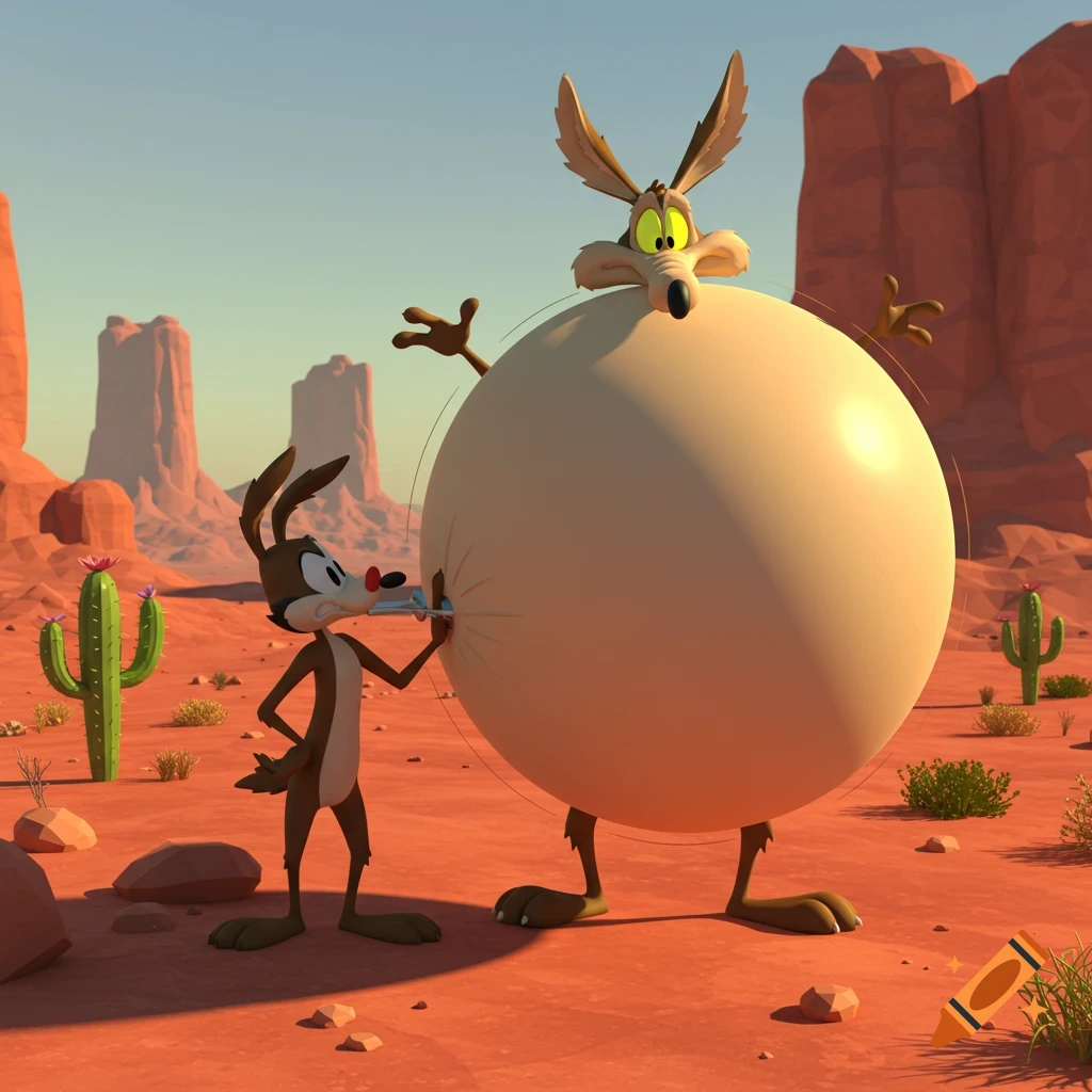 A 3D cartoon depicts Wile E. Coyote hugely inflated like a balloon in a desert, while a smaller character pumps him up.