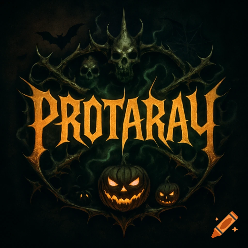 A dark Halloween-themed logo featuring the word 'PROTARAY' in sharp, orange lettering, surrounded by thorny vines, skulls, bats, and glowing jack-o'-lanterns.