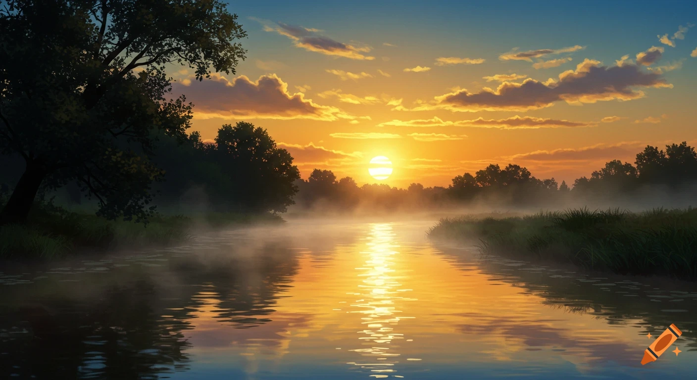 A serene river with mist rising, reflecting a golden sunset with a bright sun disk, flanked by dark trees under a blue and orange sky.