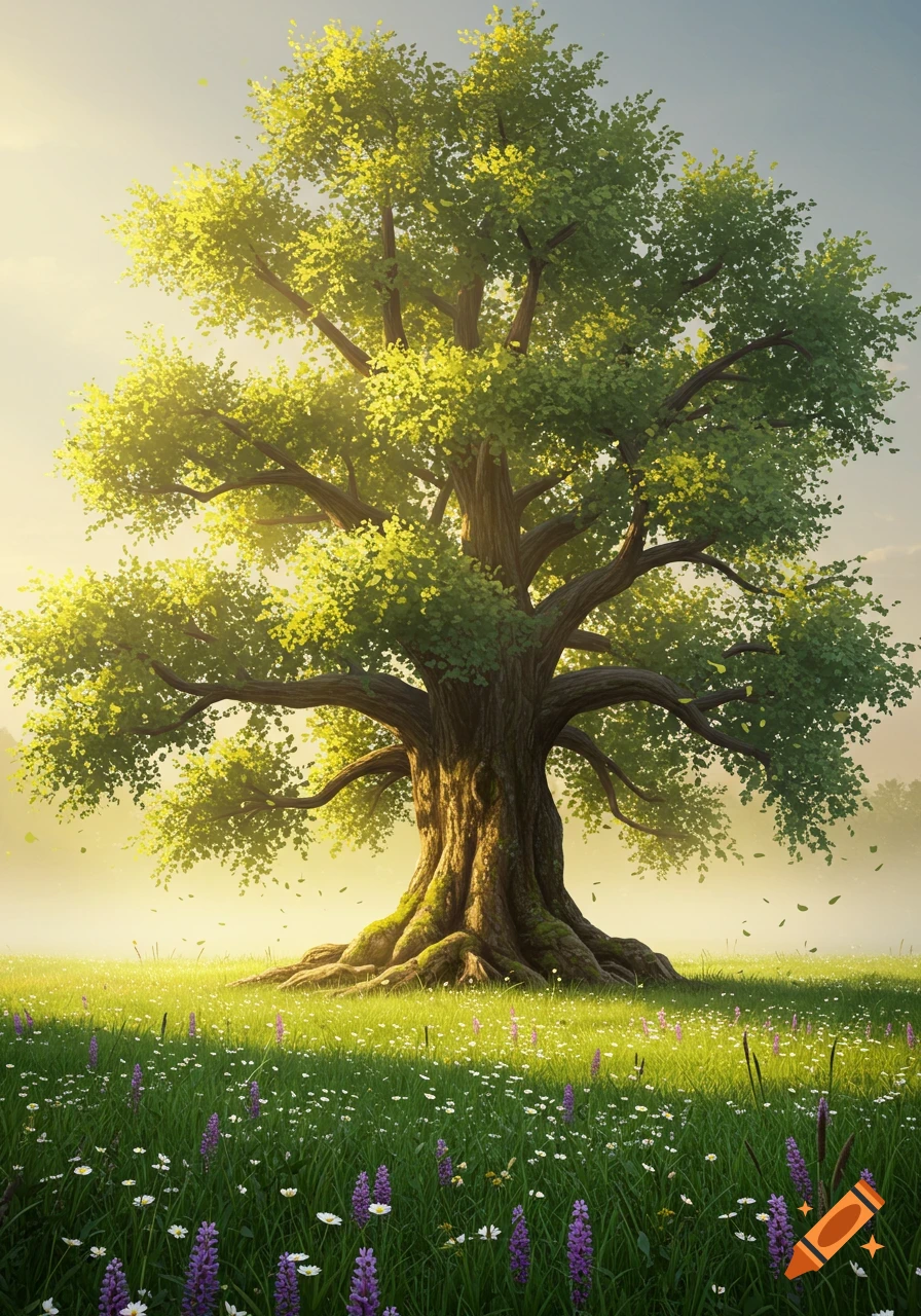 A majestic, old green tree stands in a sunny field of purple and white wildflowers with light mist.