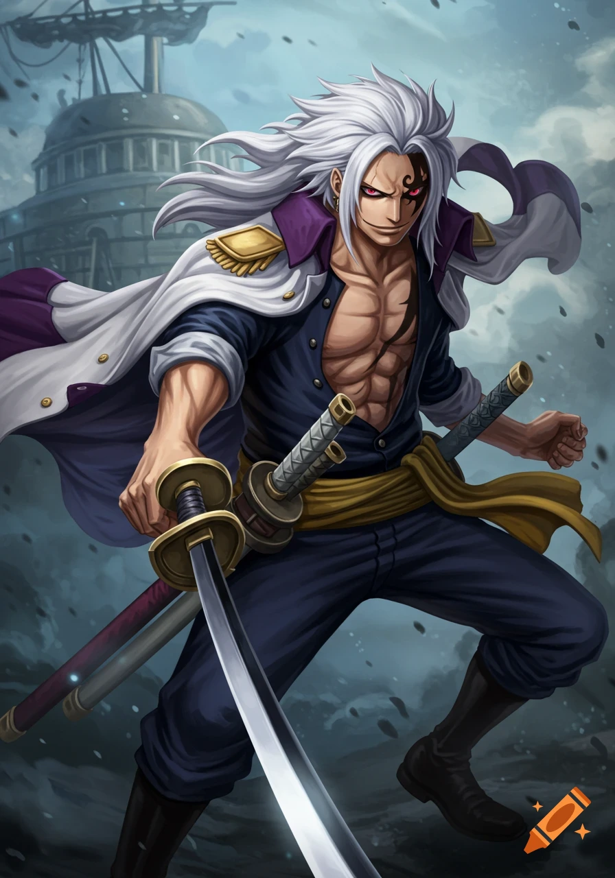 Dynamic anime illustration of a white-haired male character with an open jacket, holding a katana, against a naval vessel background.
