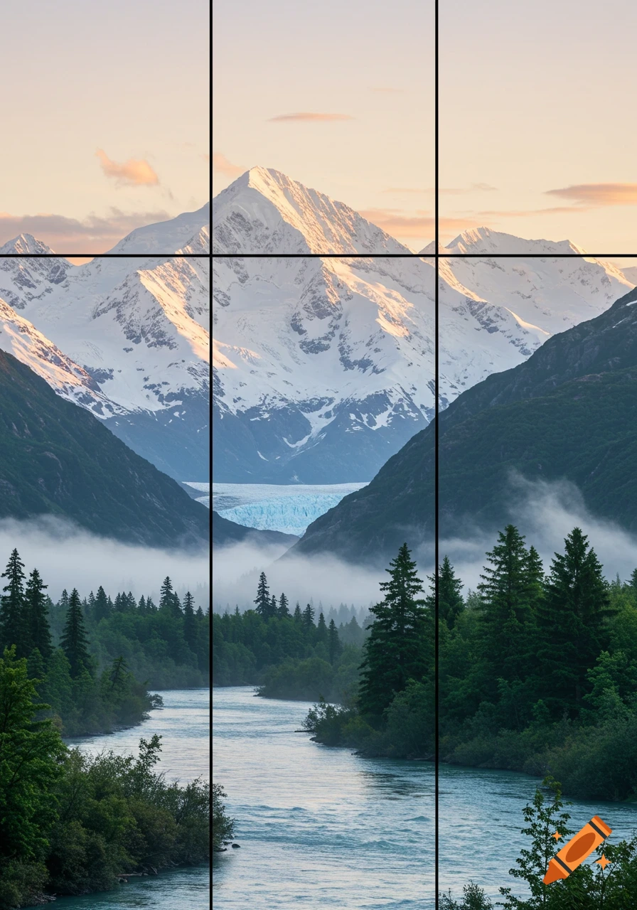 A majestic Alaskan mountain landscape with a snow-capped peak, glacier, river, and forest, divided by a black grid.