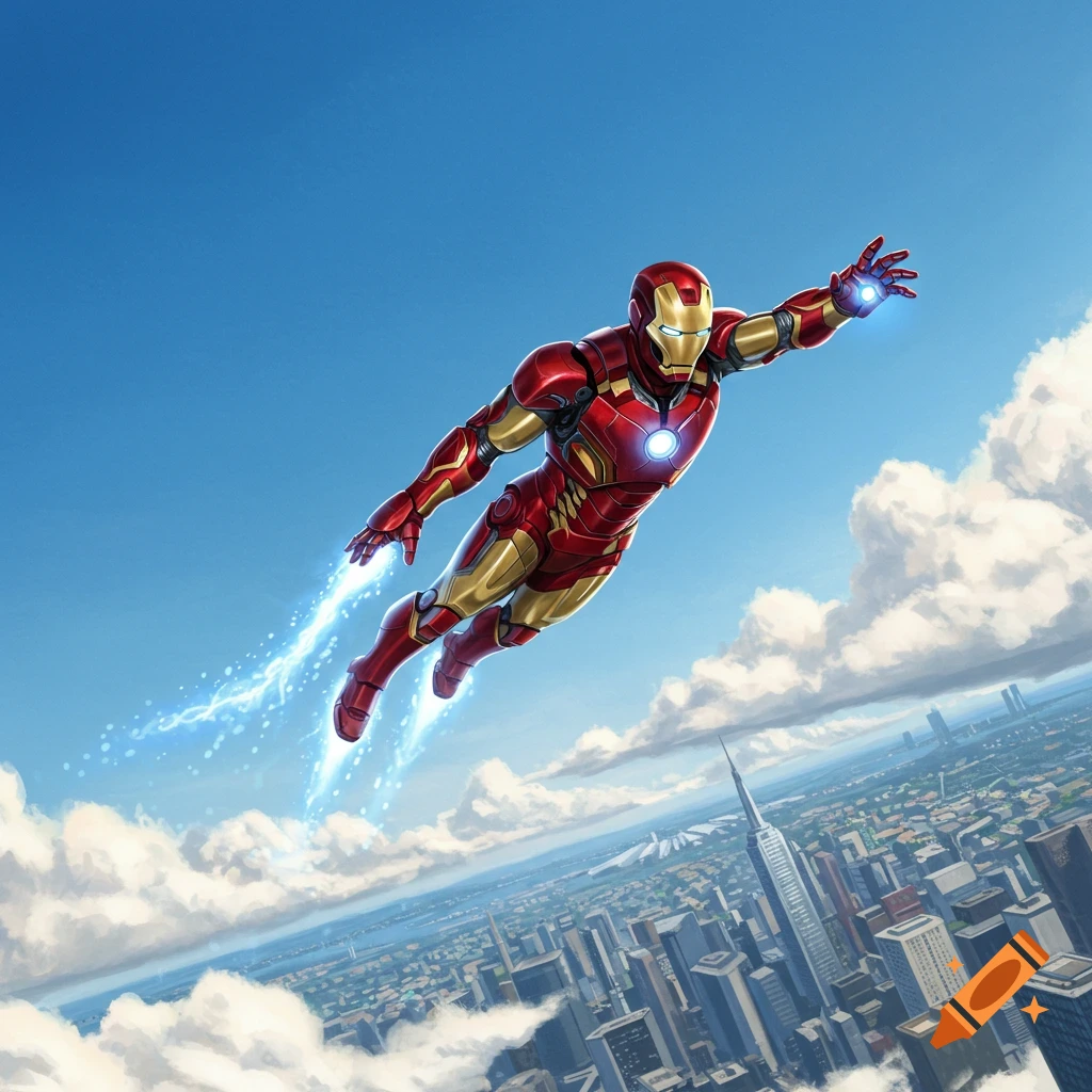Iron Man in his red and gold suit flies high above a city, leaving blue energy trails against a bright blue sky with clouds.