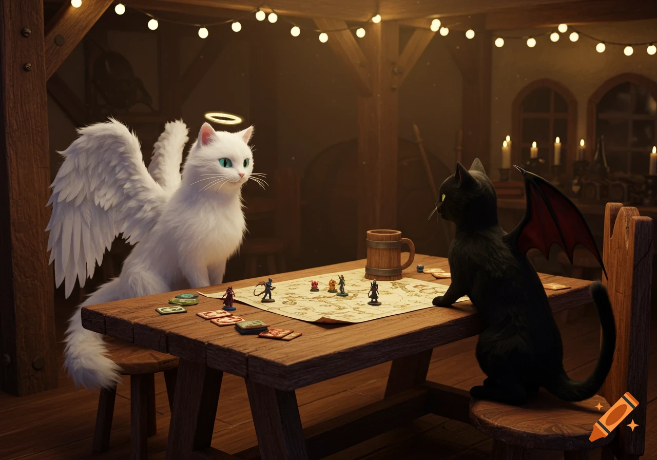 Angelic white cat and devilish black cat playing a fantasy board game on a table in a dimly lit tavern.