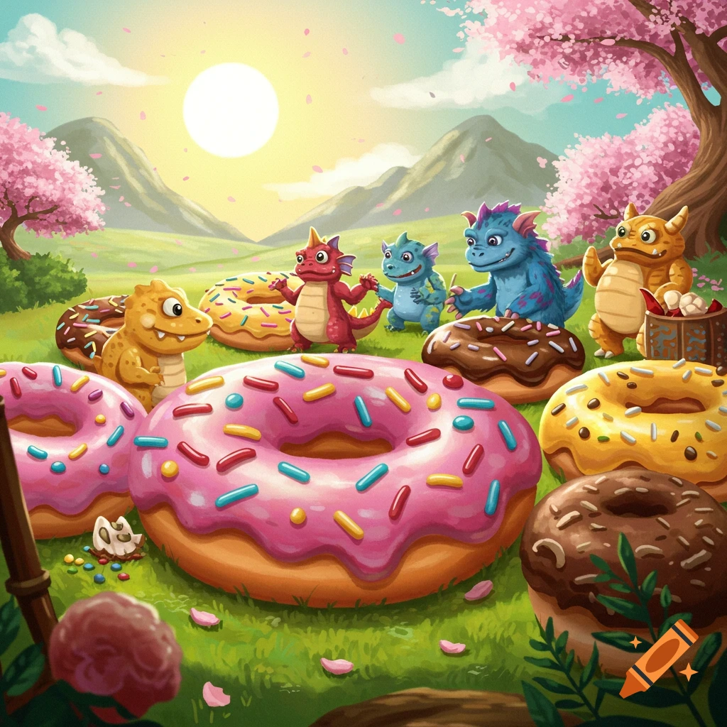 Whimsical digital art of cute cartoon monsters playing around giant donuts in a sunny field with cherry blossom trees and mountains.