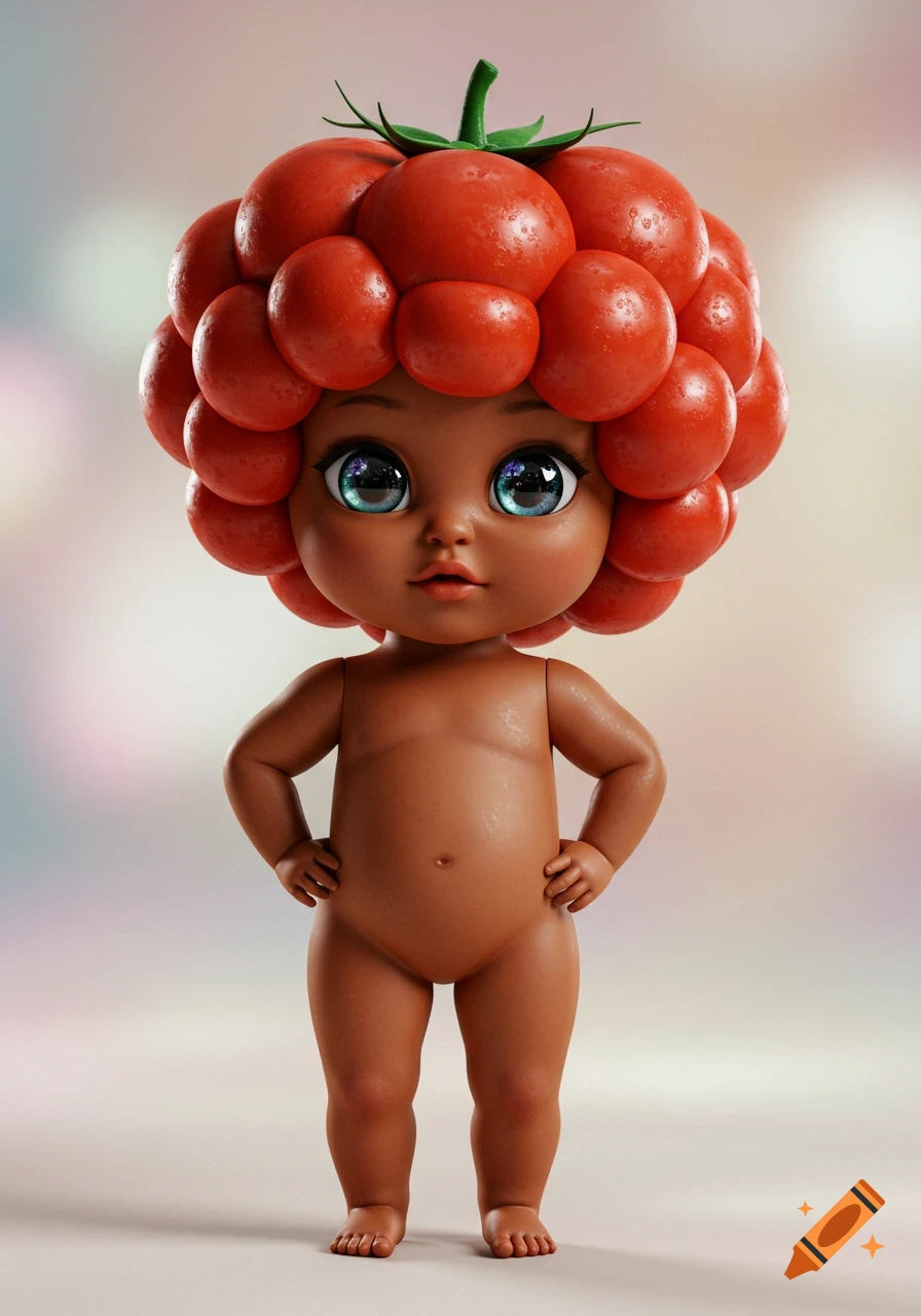 A cute, dark-skinned baby doll with big blue eyes and a hairstyle made of red tomatoes, standing with hands on hips, in a digital art style.