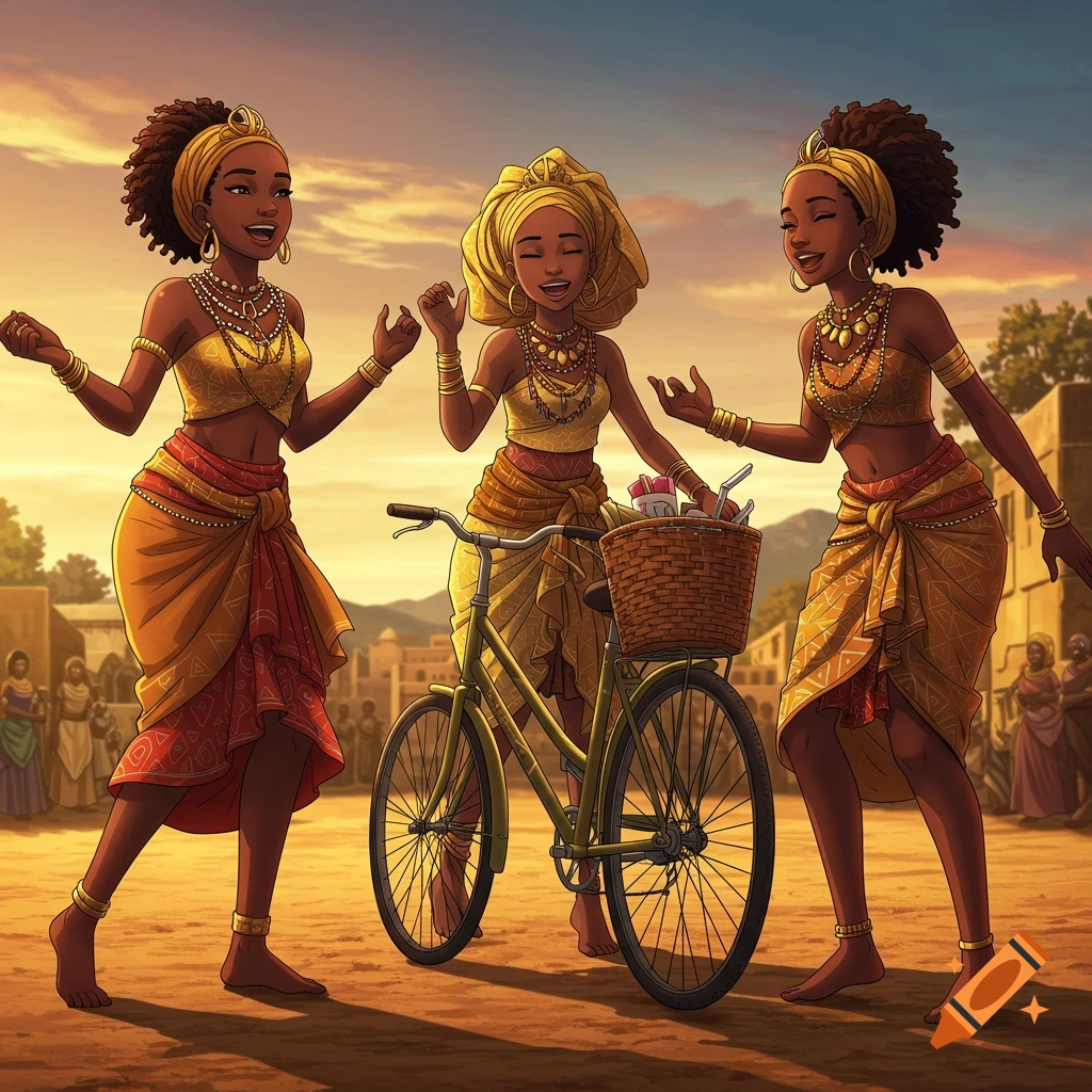 Three joyful anime-style African women in traditional golden attire, singing and dancing around a bicycle at sunset in a royal town.