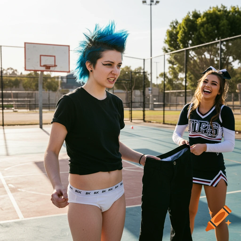 Photorealistic image of a punk woman in white briefs holding pants on a basketball court as a cheerleader laughs.