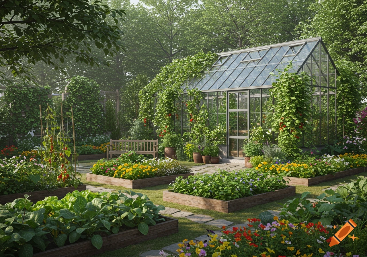 A serene, photorealistic backyard garden with a large glass greenhouse, raised beds of flowers and vegetables, and a wooden bench.