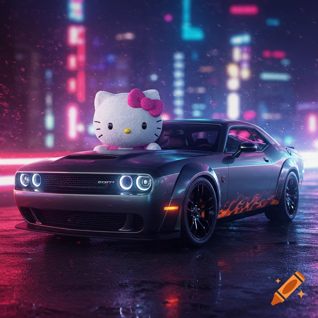 Hello Kitty plush sitting on the hood of a black sports car with flames, on a wet street at night with neon city lights.