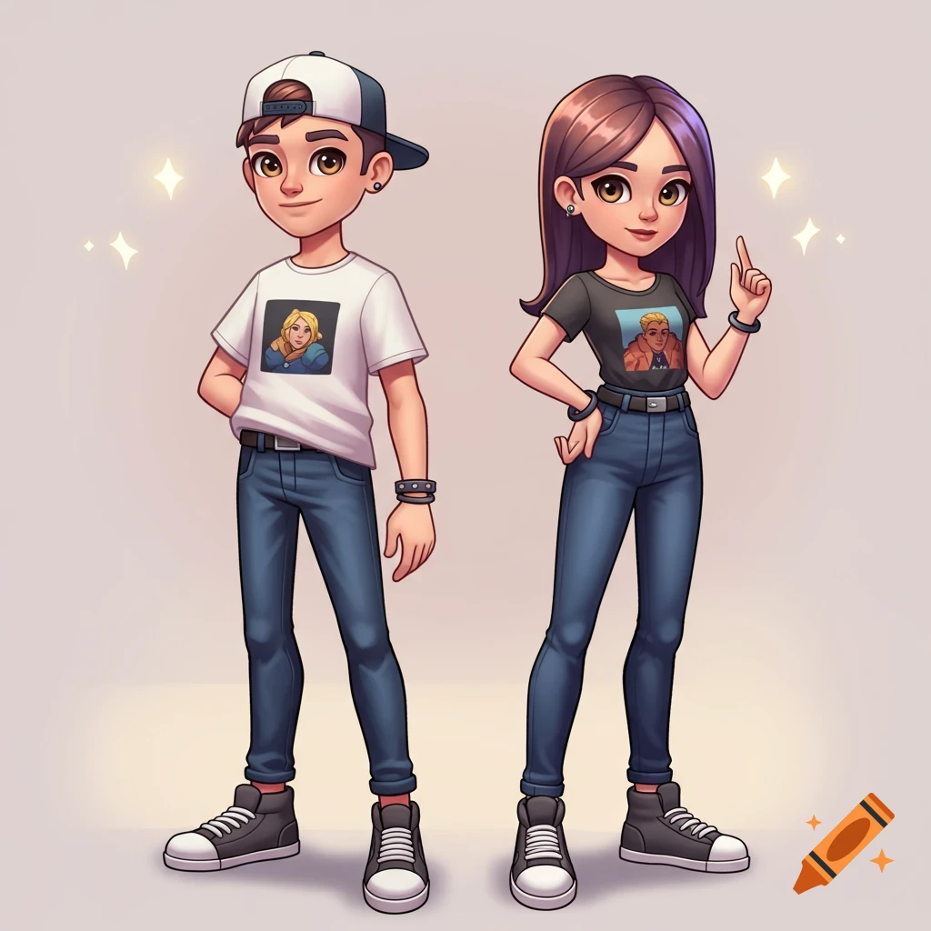 A cartoon boy and girl in jeans and t-shirts stand front and center, with a soft background.