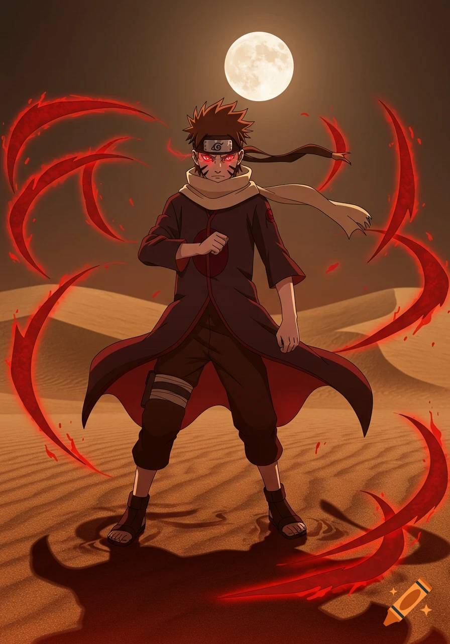 An intense anime male ninja with red eyes in a battle stance, surrounded by swirling crimson energy, in a moonlit desert.