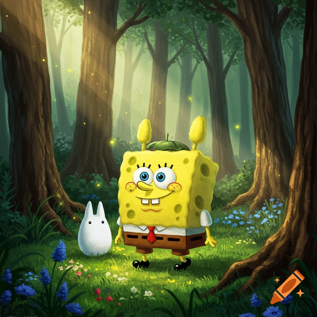 Spongebob dressed as Totoro with a leaf hat and ears stands next to a small white Totoro in a magical forest with glowing fireflies and blue flowers.