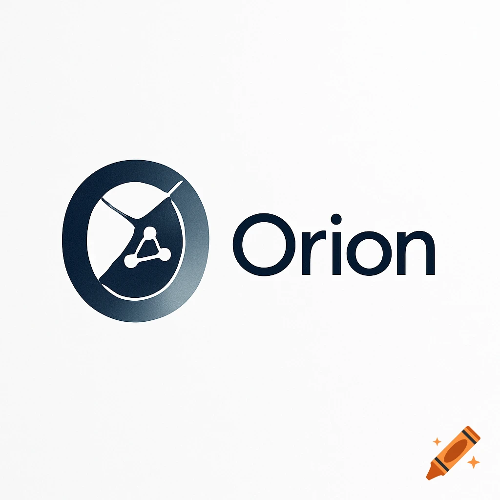 Minimalist blue and white logo for Orion AI app, featuring abstract circular design.