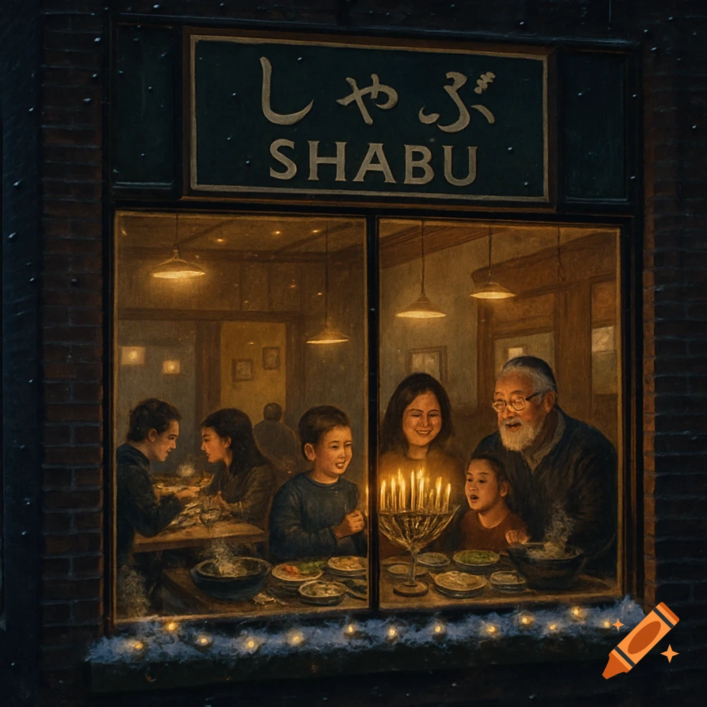 An illustration of a family in a Japanese restaurant at night, lighting a Chanukah menorah by a window with a 'SHABU' sign.